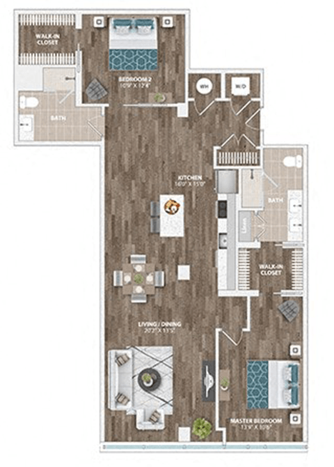 Floor plan for 2 beds, 2 baths, 1346 sqft
